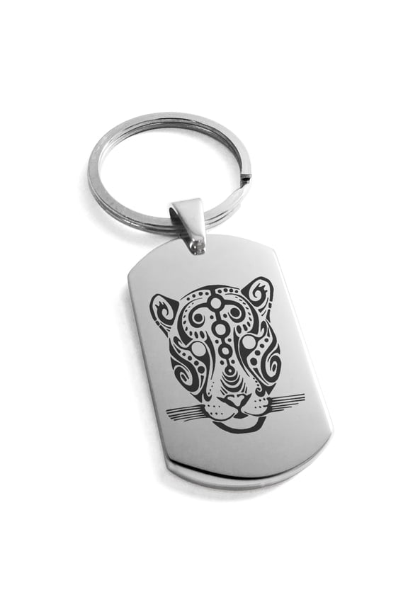 Stainless Steel Mayan Jaguar Rune Engraved Dog Tag Keychain Keyring