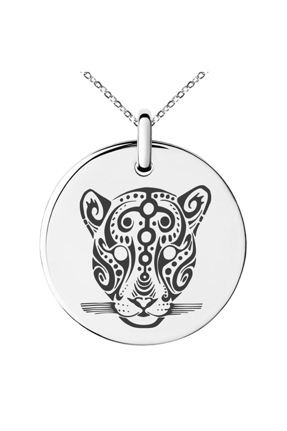 Stainless Steel Mayan Jaguar Rune Engraved Small Medallion Circle Charm Pendant Necklace