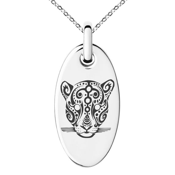 Stainless Steel Mayan Jaguar Rune Engraved Small Oval Charm Pendant Necklace