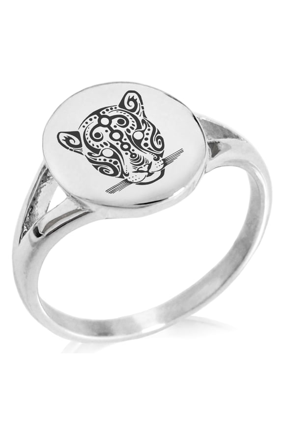 Stainless Steel Mayan Jaguar Rune Minimalist Oval Top Polished Statement Signet Ring