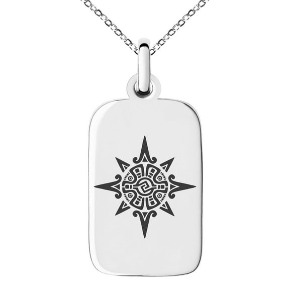 Stainless Steel Mayan Sun God Rune Engraved Small Rectangle Dog Tag Charm Pendant Necklace