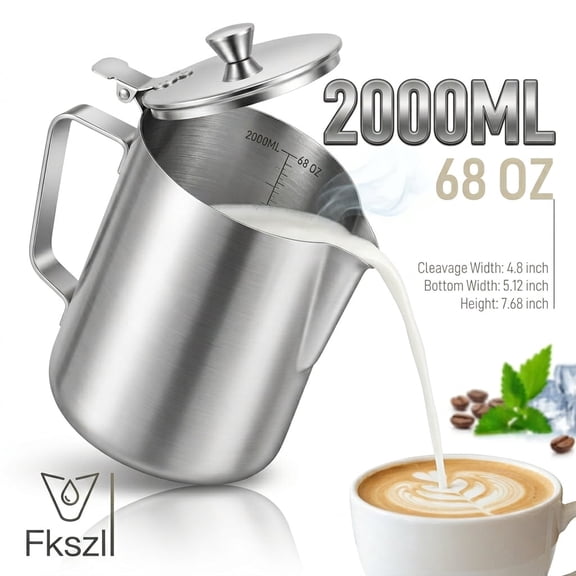 68oz Stainless Steel Measuring Cup with Lid Milk Frothing Pitcher Metal Water Jug with Handle for Latte Art Hot Cold Drinks