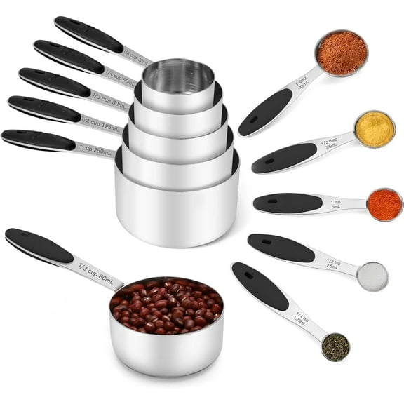 Stainless Steel Measuring Cups and Spoons Set of 10 Piece, Nesting Metal Measuring Cups Set with Soft Touch Silicone Handles for Dry and Liquid Ingredients, Cooking & Baking (Black)