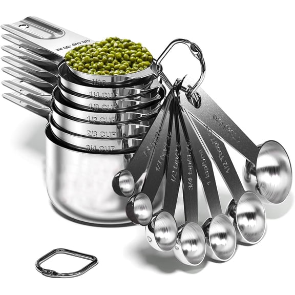 Stainless Steel Measuring Cups and Spoons Set-7 Cup & 7 Spoon + 2 D Rings, Heavy Duty Set Of Stackable Cups, Tablespoons, Teaspoons, for Liquid Wet and Dry IngredientsSet of 16