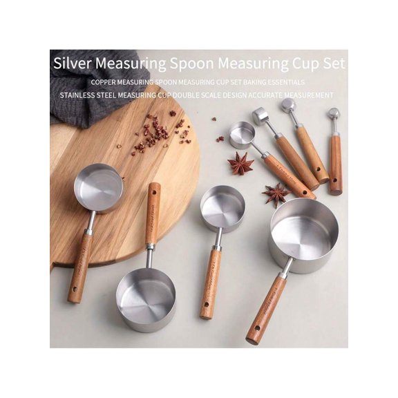 Stainless Steel Measuring Cups and Spoons Set with Rosewood Handles, 8pc Professional Kitchen Baking Tools, Nested Spice & Coffee Spoon Set for Cooking, Gold