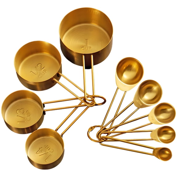 Stainless Steel Measuring Cups and Spoons Set, 9 Piece with Engraved Marks, Food Safe, Easy Stack Gold Measuring Set for Baking and Cooking