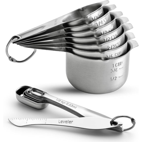 Stainless Steel Measuring Cups and Spoons Set of 14 with Leveler, Nesting Kitchen Metal for Dry Liquid Ingredients, Perfect Cooking & Baking