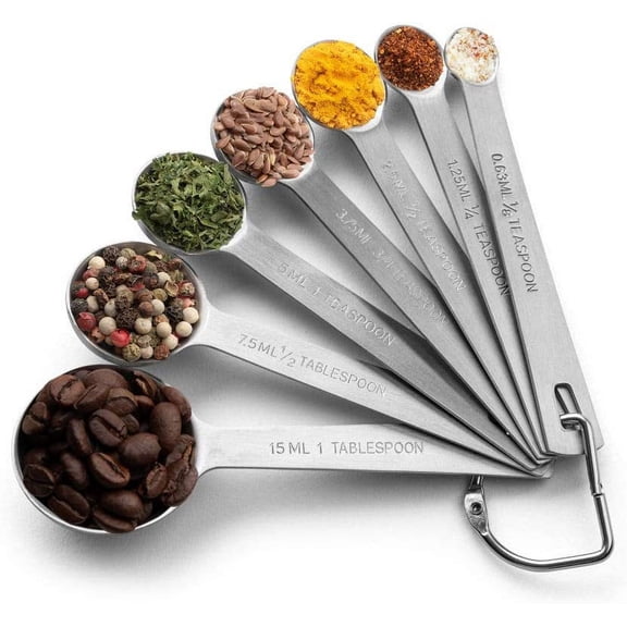 Stainless Steel Measuring Spoon Set with D-Ring Holder, for Dry and Liquid Ingredients (7 piece set)
