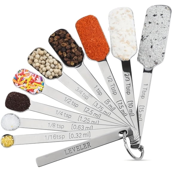 MINTEEM Stainless Steel Measuring Spoons: Heavy Duty Rectangular Spoon Square Teaspoon Tablespoon Scoop with Slim Long Handle in Narrow Spice Jar for Kitchen Baking Cooking (Set of 10 with Leveler)