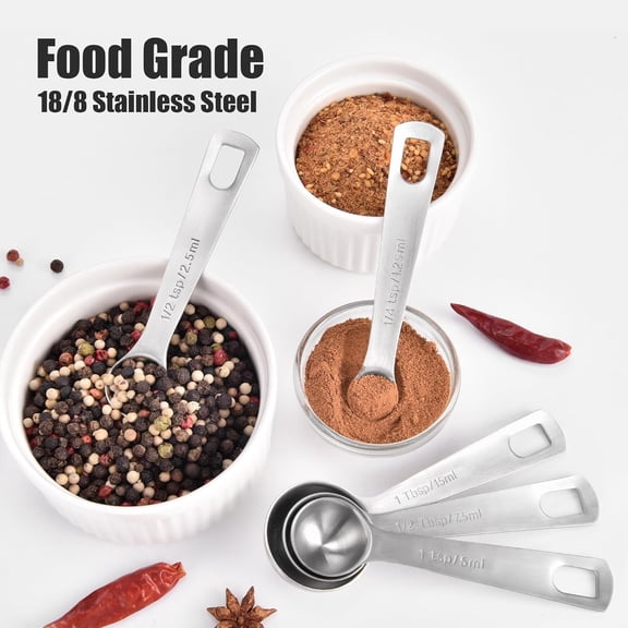 Stainless Steel Measuring Spoons Set of 6, Heavy Duty 18/8 Metal Measuring Spoons with Engraved Metric and US Marks for Dry or Liquid Ingredients, Dishwasher Safe