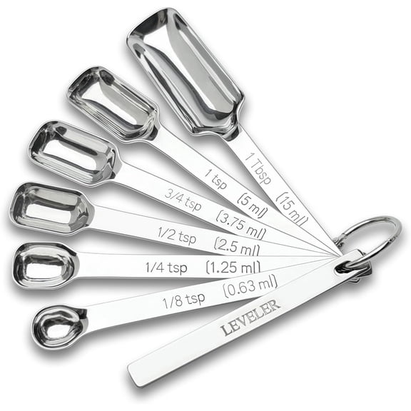 Stainless Steel Measuring Spoons Set of 7 with Leveler, Long Handle Rectangular Metal Teaspoon Tablespoon for Measuring Kitchen Spice, Dry & Liquid Ingredients