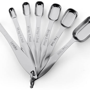 Stainless Steel Measuring Spoons Set of 7 with Leveler,Rectangular Metal Teaspoon & Tablespoon Measuring Spoons for Dry & Liquid Ingredients - Nesting Kitchen Gadgets For Baking & Cooking