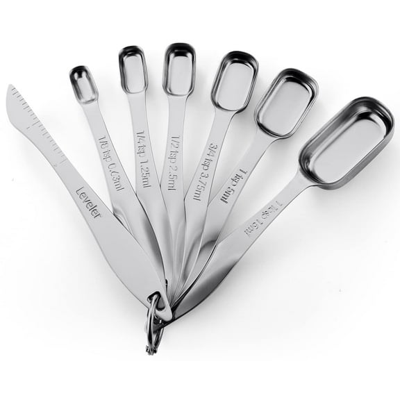 Stainless Steel Measuring Spoons Set of 7, Metal Teaspoon Tablespoon with Leveler, Rectangular Design for Baking Cooking, Dry Liquid Ingredients, Nesting, Silver