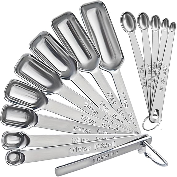 Measuring Spoons Set of 14 with Leveler - Stainless Steel Rectangular Teaspoon and Tablespoon for Dry and Liquid Ingredients