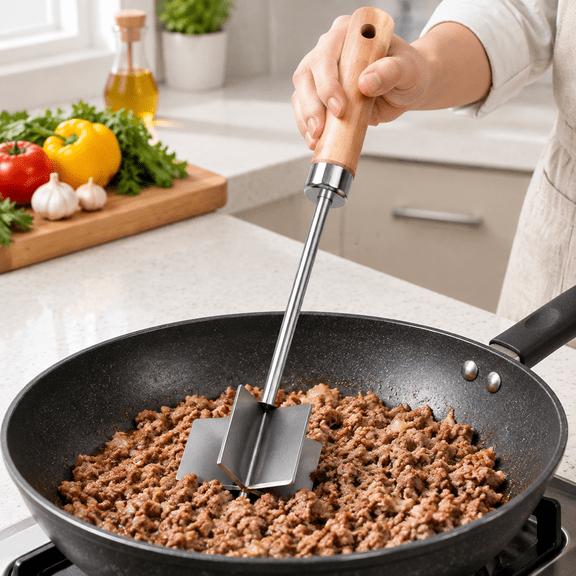 Stainless Steel Meat Chopper, Heavy Duty Mashing Head & Wooden Handle, 10.6 Inch Ground Beef Chopper Tool, Rust prevention & Sturdy Ground Meat Smasher for Hamburger, Beef, Turkey