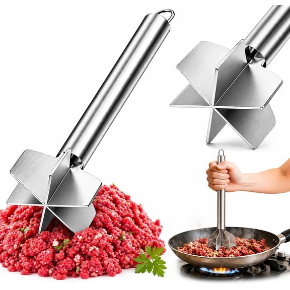 Stainless Steel Meat Chopper and Masher, Ground Beef Masher Tool for Hamburger, Potato Masher for Kitchen, Heat Resistant Meat Crusher Utensil for Cooking and Mixing