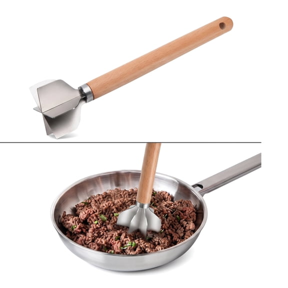Renyuanyuan Stainless Steel Meat Chopper & Masher, Heavy Duty 6-Curve Blade with Wooden Handle, Dishwasher Safe, for Ground Beef, Pasta, Cooking