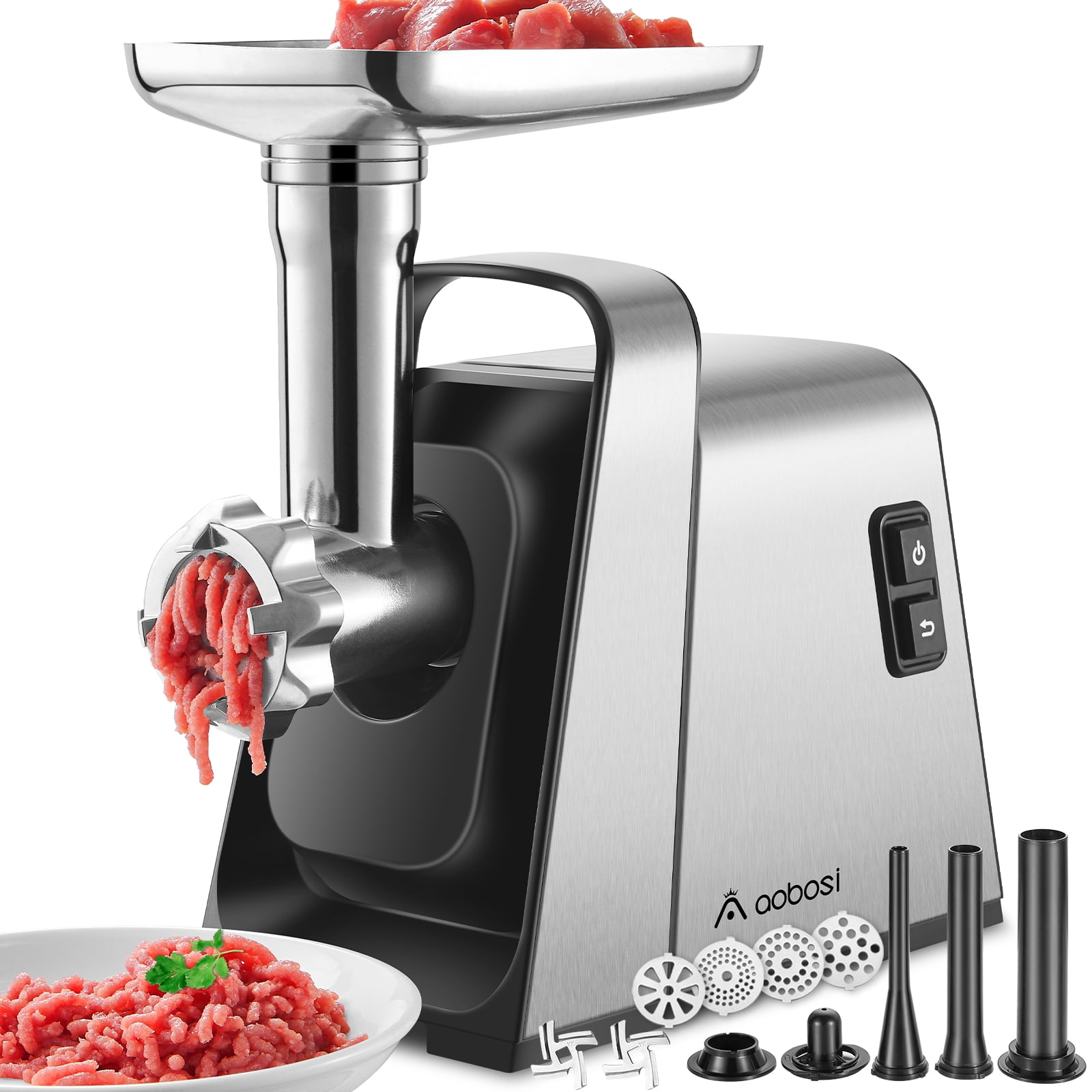 Stainless Steel Meat Grinder, Aobosi 3 in 1 Electric Meat Mincer with 2 Blades & 4 Plates, Food Grinder for Home Kitchen Use
