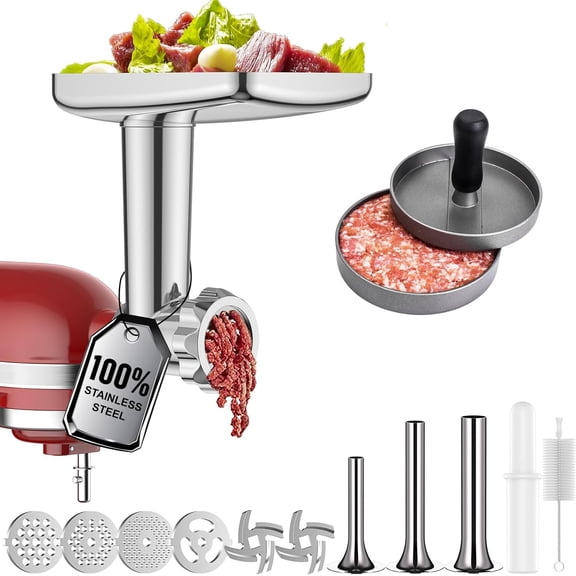 Stainless Steel Meat Grinder for KitchenAid Mixer, , Sausage Stuffer, Burger Press, For Kitchen Aid Meat Grinder Attachment for KitchenAid Stand Mixer, Dishwasher Safe