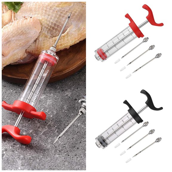 Stainless Steel Meat Injector for Barbecue Grilling Cooking Marinade Seasoning Flavor Injection Turkey Baking Tool Accessories Black&red 2pcs