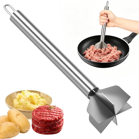304 Stainless Steel Meat Chopper with 6 Curved Blades, 10.4" Ground Beef Masher with Ergonomic Handle, Heat Resistant Hamburger Meat Smasher Tool, Professional Potato & Avocado Masher, Dishwasher Saf