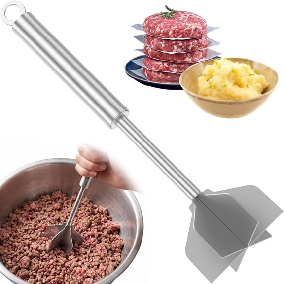 Fkszll 10" 304 Stainless Steel Meat Chopper and Ground Beef Masher, 6 Curved Blades Hamburger Smasher Kitchen Tool, Dishwasher Safe, Silver