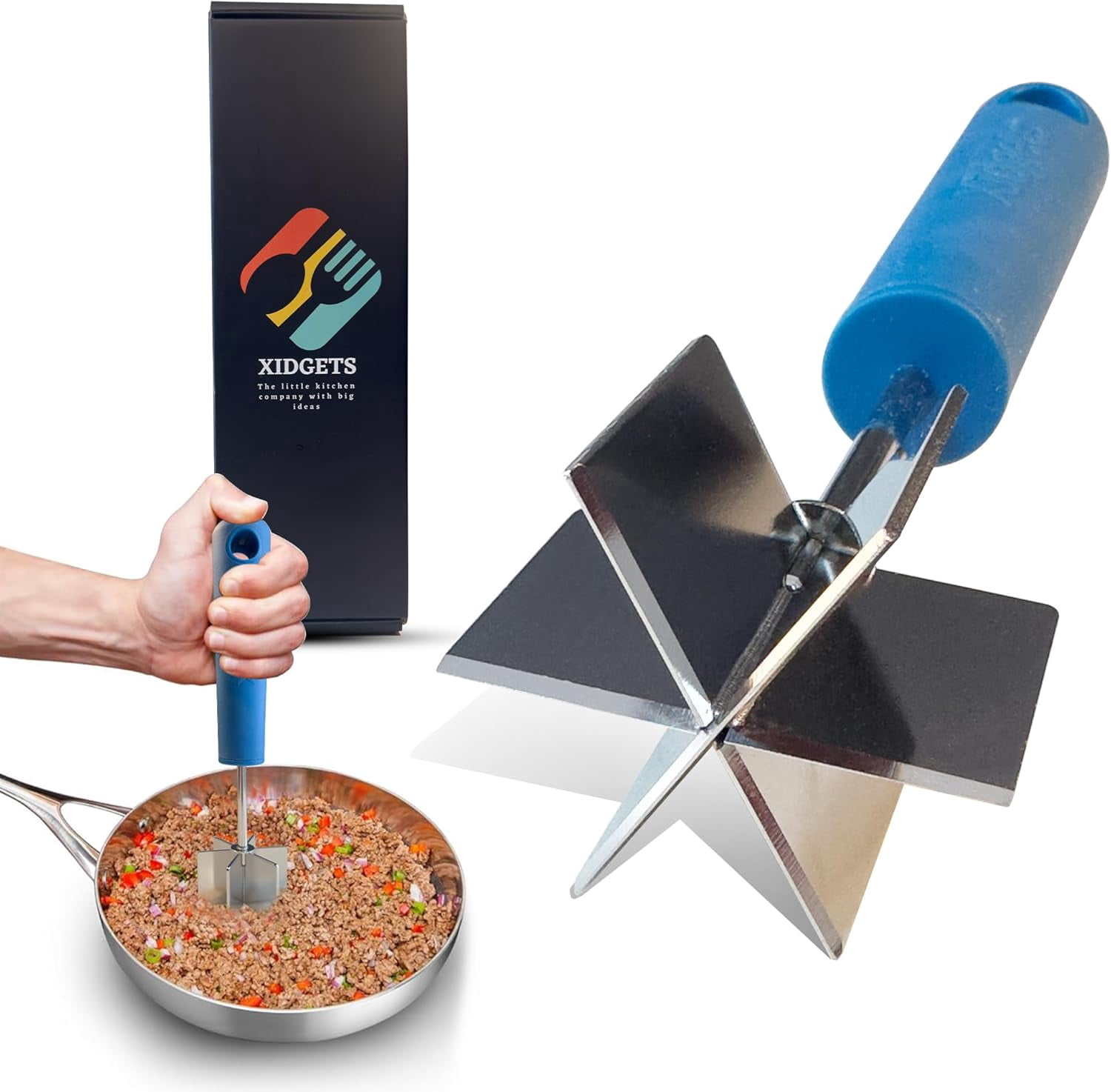 Stainless Steel Meat Masher and Tenderizer with Soft Grip Handle – Heavy Duty Handle & Mashing Head for Ground Beef, Meat, and More – Mondo Meat Masher (Lagoon Blue)