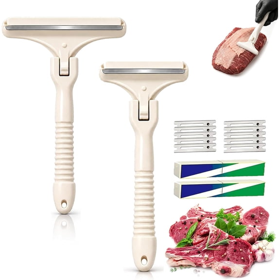 Stainless Steel Meat Scraper, T-Shaped Fat Trimmer with 10 Replacement Blades, Handheld Meat Scraper for Beef and Pork, Easy Fat and Fascia Removal for Home Kitchen Prep