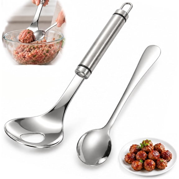 Stainless Steel Meatball Maker Spoon, Meatball Scoop Tool with Hanging Hole Meatball Spoon, Meatball Maker Tool, Hanging Hole, Ball Shaper, Stainless Steel, Long Handle, Kitchen Use for Easy Shaping
