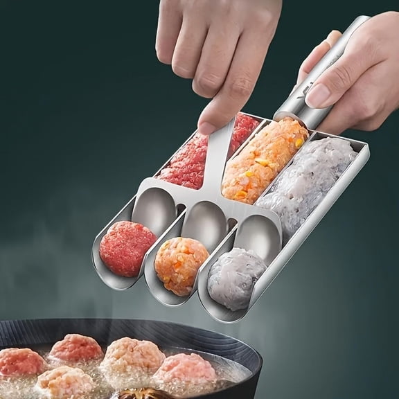 Stainless Steel Meatball Making Set - Three-Cavity Meatball Mold, Multifunctional Non-Stick Meatball Maker with Spoon, Non-Stick and Easy-Clean, Perfect for Homemade Meatballs, Fish Balls, Veggie Bal