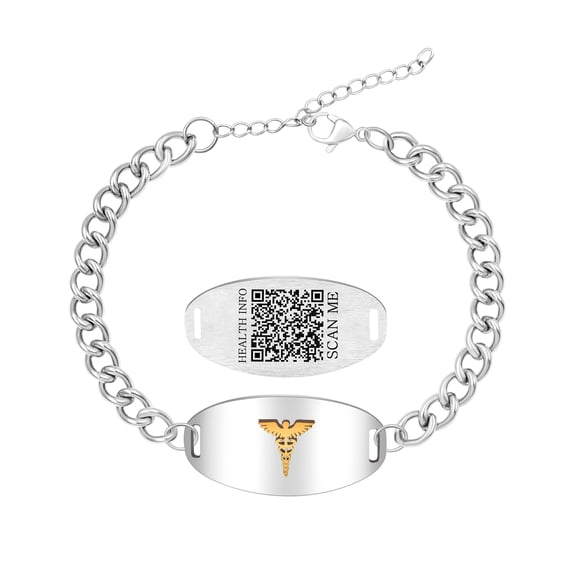Stainless Steel Medical Alert Bracelet with Gold Caduceus Symbol – Dynamic QR Code Medical ID, No Medical Info Required at Order, Scan & Update Anytime, Adjustable 20+5cm, Black or Silver