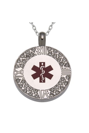 Stainless Steel Medical Alert Round Pendant Necklace with Crystal Accents
