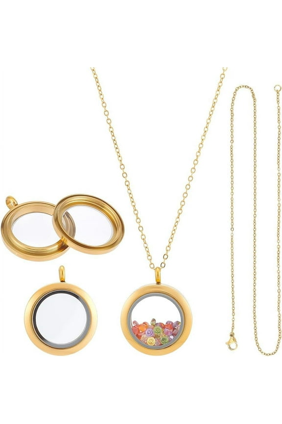 Stainless Steel Memory Locket Charm Flat Round DIY Picture Photo Necklace Making Kit Chain Necklace with Double Sided Frame Glass Container Floating Charms for Lockets for DIY