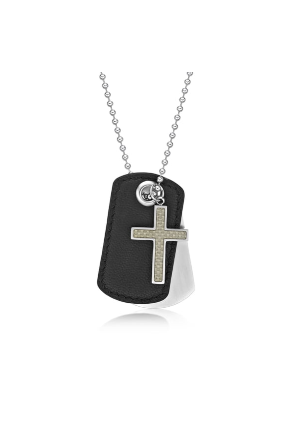 Stainless Steel Men's 3-piece Cross Silver Carbon Leather Dog Tag