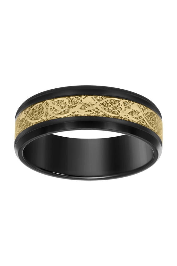 Stainless Steel Men's Comfort Fit Black & Gold Rustic Design Inlay Beveled Edge 8mm Wedding Band | Size 11