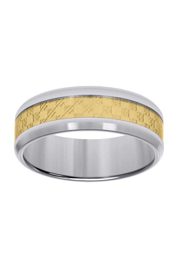 Stainless Steel Men's Comfort Fit Gold Checkered Inlay Beveled Edge 8mm Wedding Band | Size 9