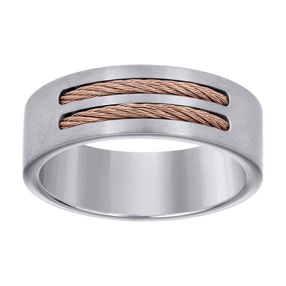 Stainless Steel Men's Comfort Fit Rose & Silver Double Cable Inlay Flat 8mm Wedding Band | Size 12
