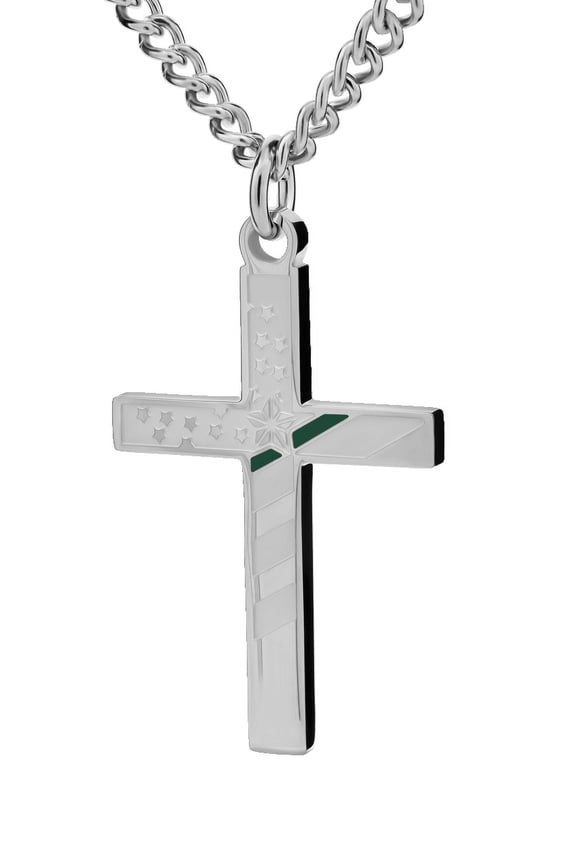 Stainless Steel Men's Thin Green Line Cross Necklace - Joshua 1:9 by Shields of Strength
