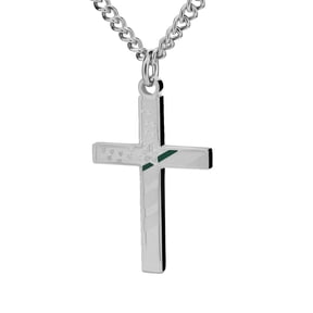 Stainless Steel Men's Thin Green Line Cross Necklace - Joshua 1:9 by Shields of Strength