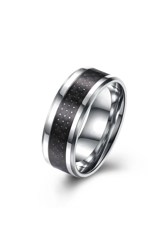Stainless Steel Mens Band Carbon Fiber Silver Black Blue Ring B556