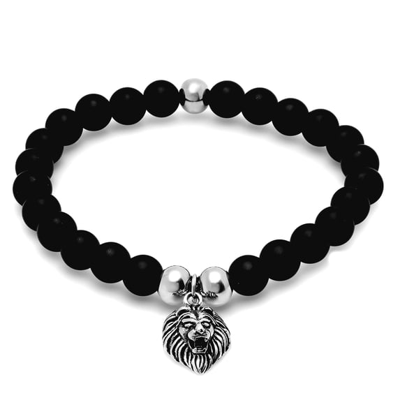 Stainless Steel Mens Black Beads Zodiac Sign Leo Lion Head Stretchable Bracelet Link Bracelet for Men