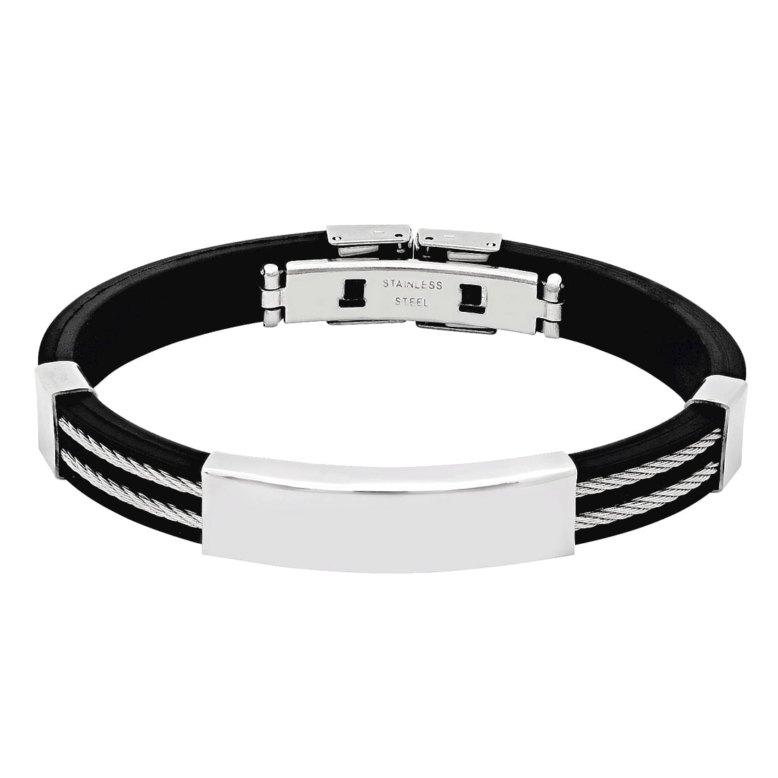 Stainless Steel Mens Black Rubber Double Cable Rope Inlay Bracelet� Link Bracelet for Men