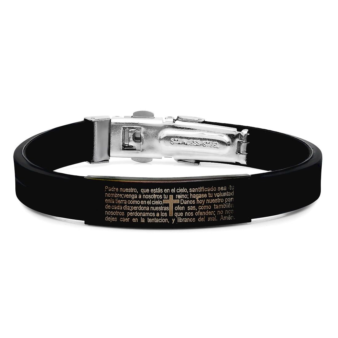 Stainless Steel Mens Black -tone Lord's Prayer Religious Black Rubber Bracelet Link Bracelet for Men