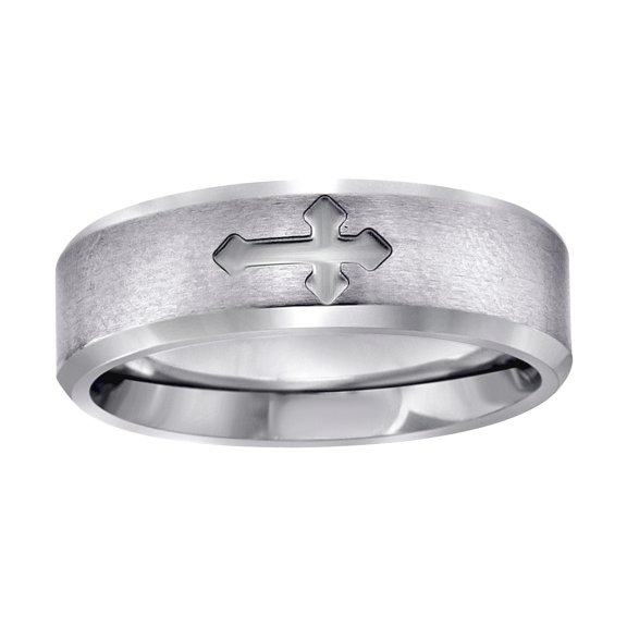 Stainless Steel Mens Center Brushed Religious Faith Cross Beveled Edges Comfort-fit Fashion Band Ring Size 9 Wedding Ban