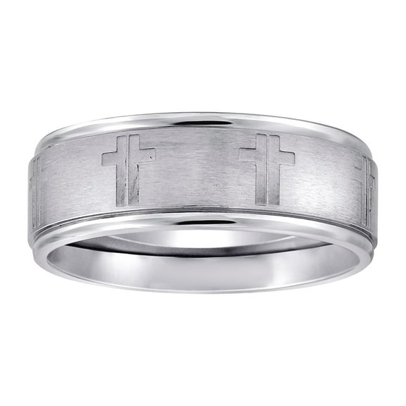 Stainless Steel Mens Center Brushed With Religious Faith Cross Step Edges Comfort-fit Fashion Band Ring Size 11 Wedding