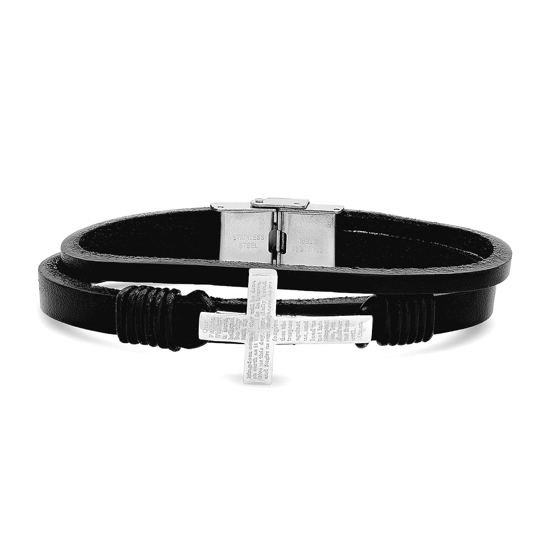 Stainless Steel Mens Cross Religious Black Leather Bracelet Link Bracelet for Men