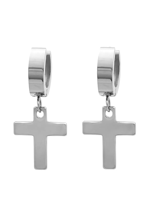 Stainless Steel Mens Cross Religious Dangler Hoop Earrings Earring for Men