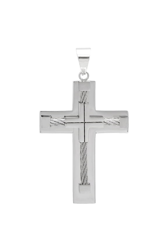 Stainless Steel Mens Cross With Cable Rope Inlay Religious Charm Pendant Necklace for Men