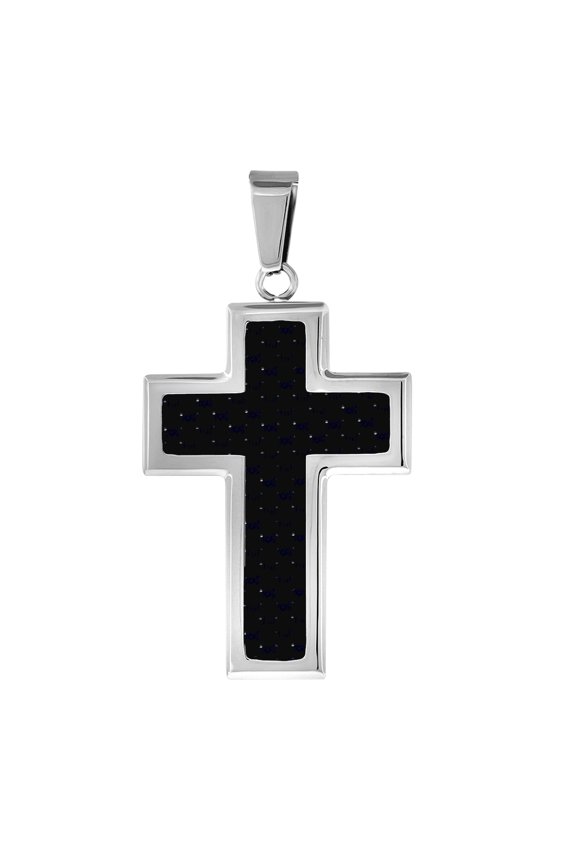 Stainless Steel Mens Cross With Carbon Fiber Inlay Religious Charm Pendant 28mm Wide Necklace for Men