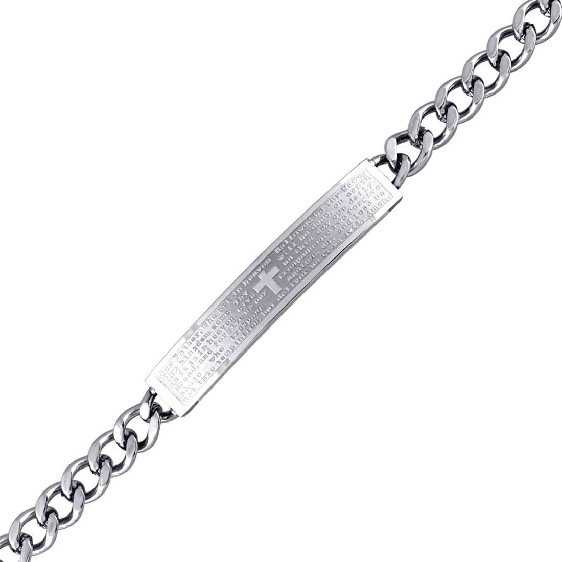 Stainless Steel Mens English Lords Prayer Comfort Curb Link 8mm Bracelet-8inch Link Bracelet for Men